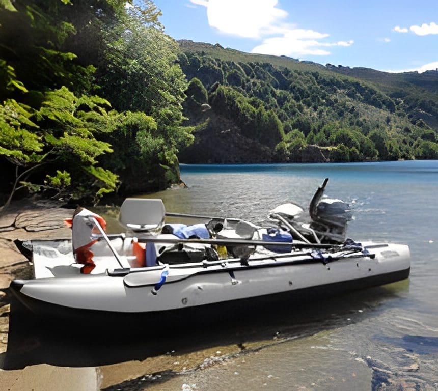 Inflatable boat on a tranquil lake shore.