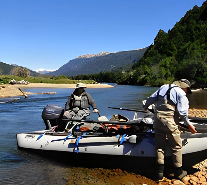 Two people with kayak on scenic river.
