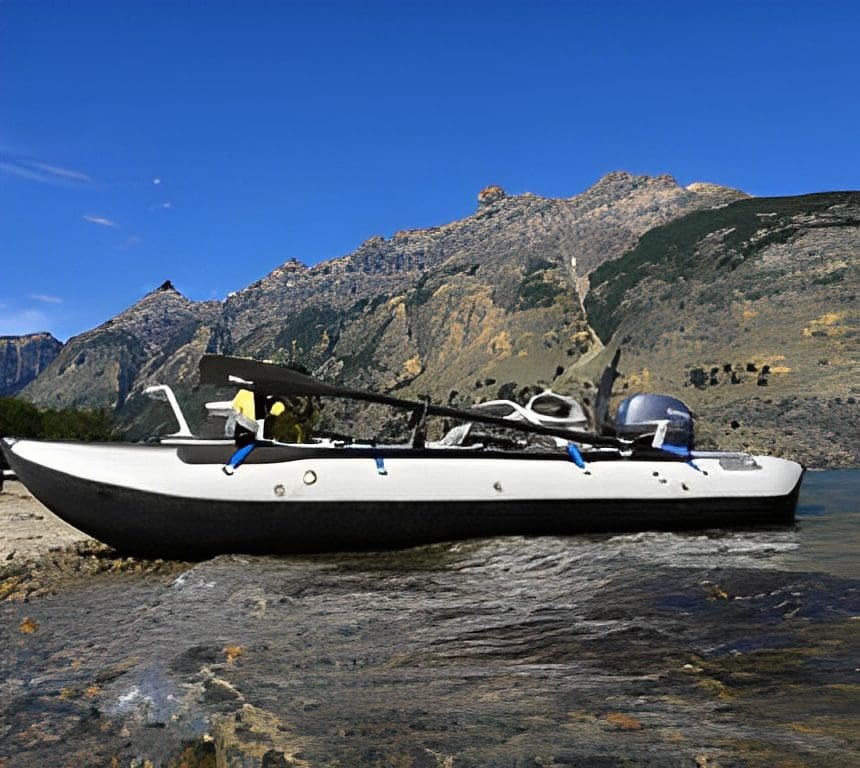 Kayak on lake with mountain backdrop.